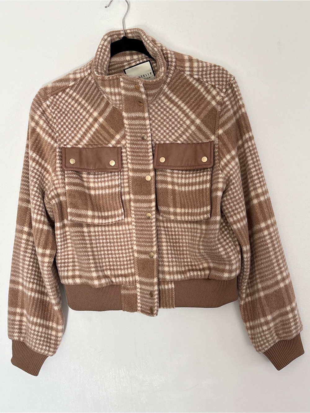 Bagatelle Mixed Media Bomber Jacket Size Small Checked Houndstooth Neutral* F16